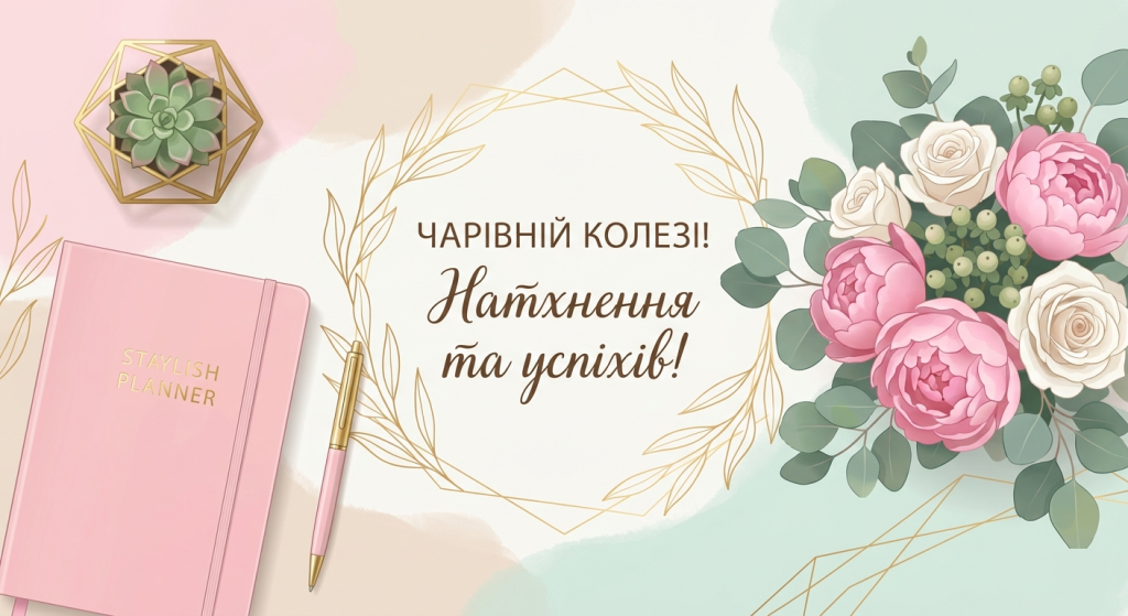 Красиве та ніжне вітання для колеги жінки з днем народження з планером та квітами.